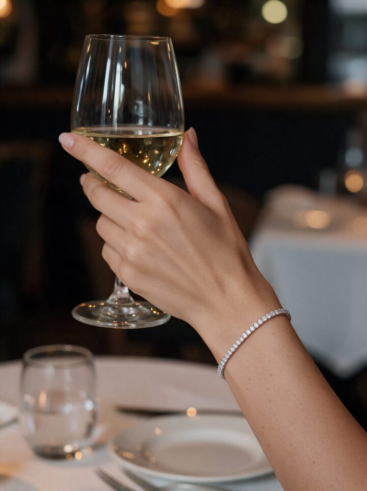 The bracelet worn, hand on a glass